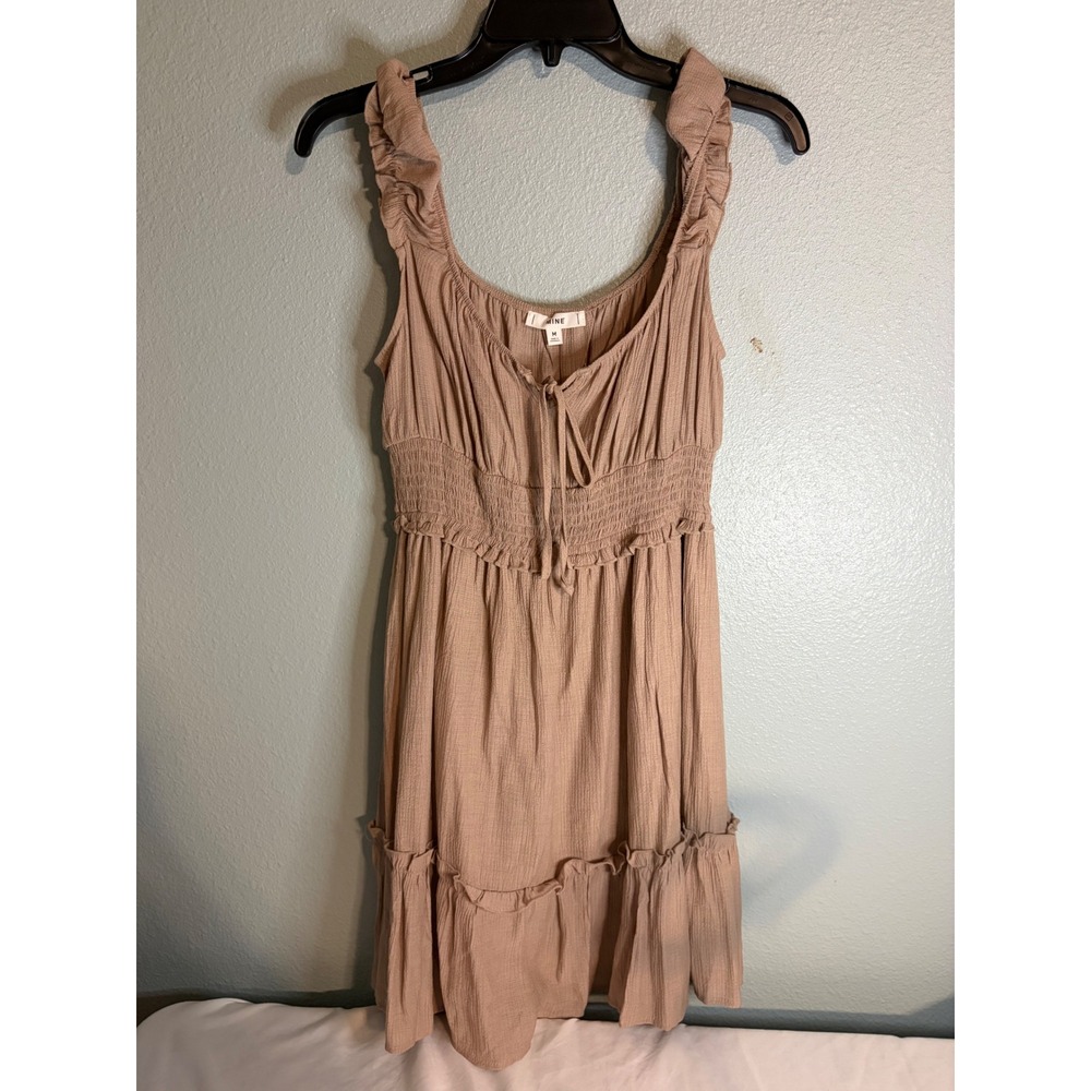 Mine Women Tan Ruffle Smocked Waist Tiered Gauze Mini Dress Medium Boho Casual